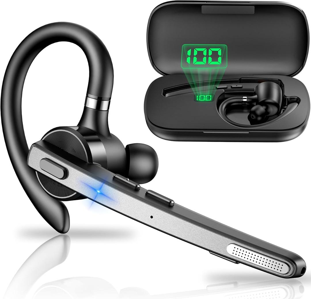 New bee Bluetooth Headset, 72H Talktime Wireless Bluetooth Earpiece for Cellphone with 500mah Charging Case V5.1 Dual Mic Noise Cancelling Hands-Free Earphones for Office Driver