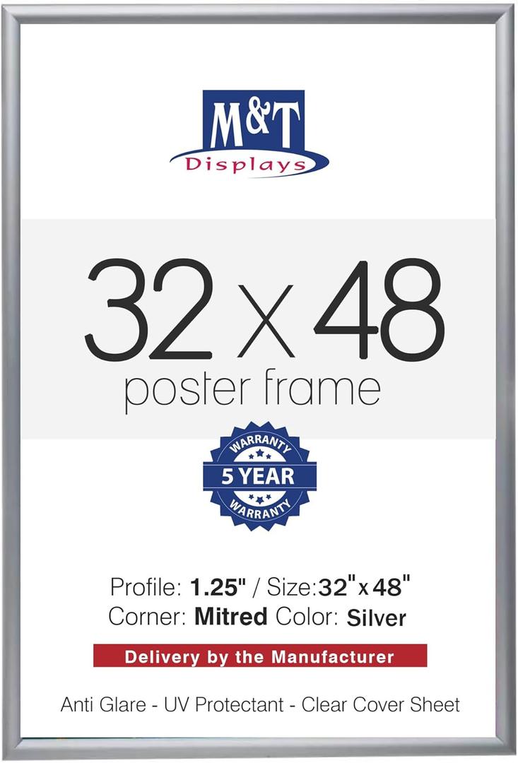 M&T Displays Snap Poster Frame Silver 1.25" Aluminum Profile Front Loading Wall Mounting Photo Picture Document Certificate Sign Holder Mitered Corner Anti Glare Cover (Silver, 32x48 in)