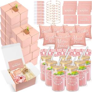 72 Pcs Bridesmaid Proposal Gifts Maid of Honor Gifts, Bridesmaid Gift Box Sets Include Decorative Box Glass Cup Makeup Bag Invited Card Lip Balm Hair Scrunchie Knotted Bracelet(Pink)