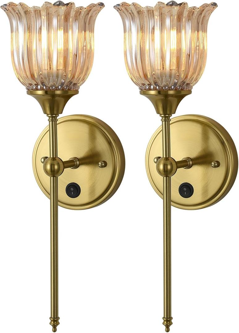 Modern Wall Sconces Set of 2 with Amber Flower Glass Shade, Mid Century Bathroom Vanity Wall Light Fixtures Gold Vintage Wall Lights with Switch for Mirror Bedroom Living Room