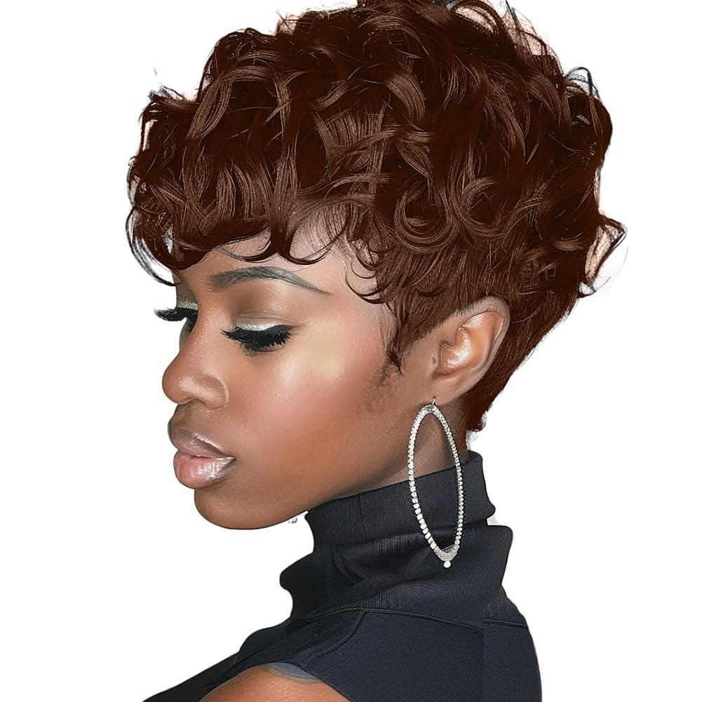 MOONSHOW Short Pixie Wigs for Black Women Auburn Red Short Pixie Cut Wig Synthetic Haircut Wig Natural Wigs for Black Women Auburn Red Curly Wigs for Women