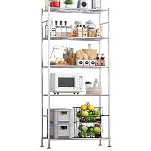 Sakugi Storage Shelves - 5 Tier Shelf Organizer, Sturdy Metal Garage Shelving with Adjustable Leveling Feet, Space-Saving Shelves Organizer for Pantry, Laundry, Kitchen (32" x 12" x 71", Silver)