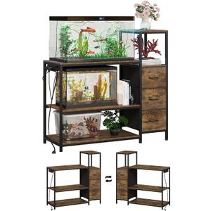 20 Gallon Aquarium Stand with Power Outlets Fish Tank Stand with 3 Drawers Metal Frame Heavy Duty Reptile Tank Stand with 3-Tier Storage Shelves,Left/Right Assembly, Adjustment Height (Brown)
