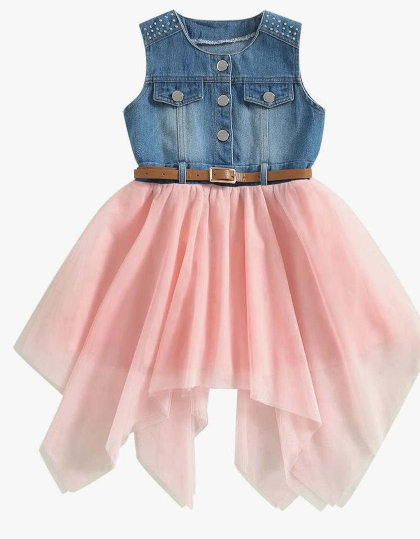 Toddler Kid Girls Irregular Lace Dress Sleeveless Metal Button Denim Tulle Tutu Patchwork Dress with Belt Toddler 5/6