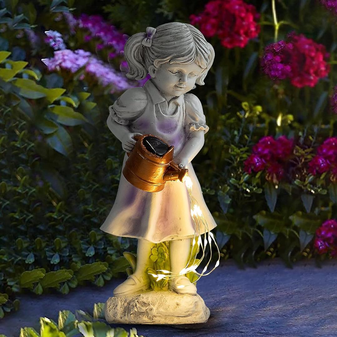 Fairy Garden Statues Outdoor Decor, Angel Figurines with Solar Lights Waterproof Resin Yard Art Sculpture Decoration for Patio, Lawn, Balcony, Mother's Day, Housewarming Gift