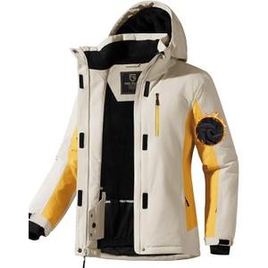 FREE SOLDIER Women's Waterproof Ski Snow Jacket Fleece Lined Warm Winter Rain Jacket with Hood Fully Taped Seams (Color: Light Khaki/Ginger Yellow)