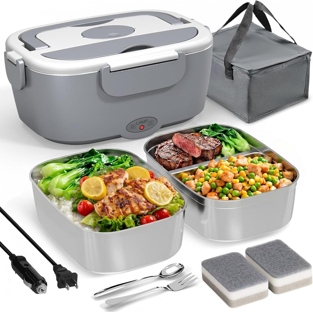 Sitlais Portable Electric Heated Lunch Warmer Box for Work  Stainless Steel Bento Box Adult, Plug In Food Heater for Car 12V 24V 110V, Self Heating Meal Box for Men and Women (Gray)