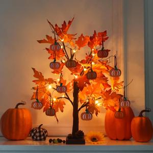 Hogardeck Fall Decorations for Home, Thanksgiving Decorations, 242FT Lighted Maple Leaves Tree with 24 LEDs & 12 Wood Pumpkin Ornaments, Battery Powered Timer Artificial Trees for Autumn Table Decor (Orange)