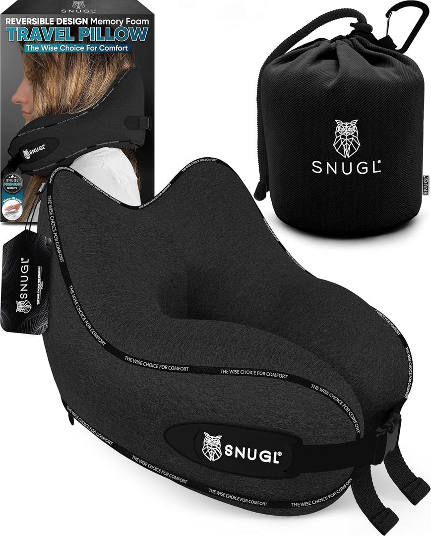 SNUGL Travel Pillow  Memory Foam Pillows - Neck Pillow for Airplane with Carry Bag & Clip  Neck Support Pillows for Pain Relief - Airplane Travel Essentials (Adult Small - Black)