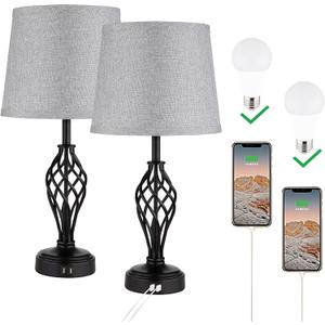 Charging Table Lamps Set of 2, nightstand lamp with USB Ports Bedside Desk lamp for Living Room Bedroom,Black Spiral cage Base Design 3 Color Temperature LED Bulbs Included.