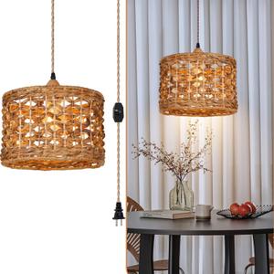 Plug in Rattan Pendant Light Hand-Woven Boho Hanging Lamp Chandelier with 16FT Plug in Cord Dimmable Renter Friendly Ceiling Light Adjustable Wicker Lamp Shade for Kitchen Living Dining Room (11.87.9inch)