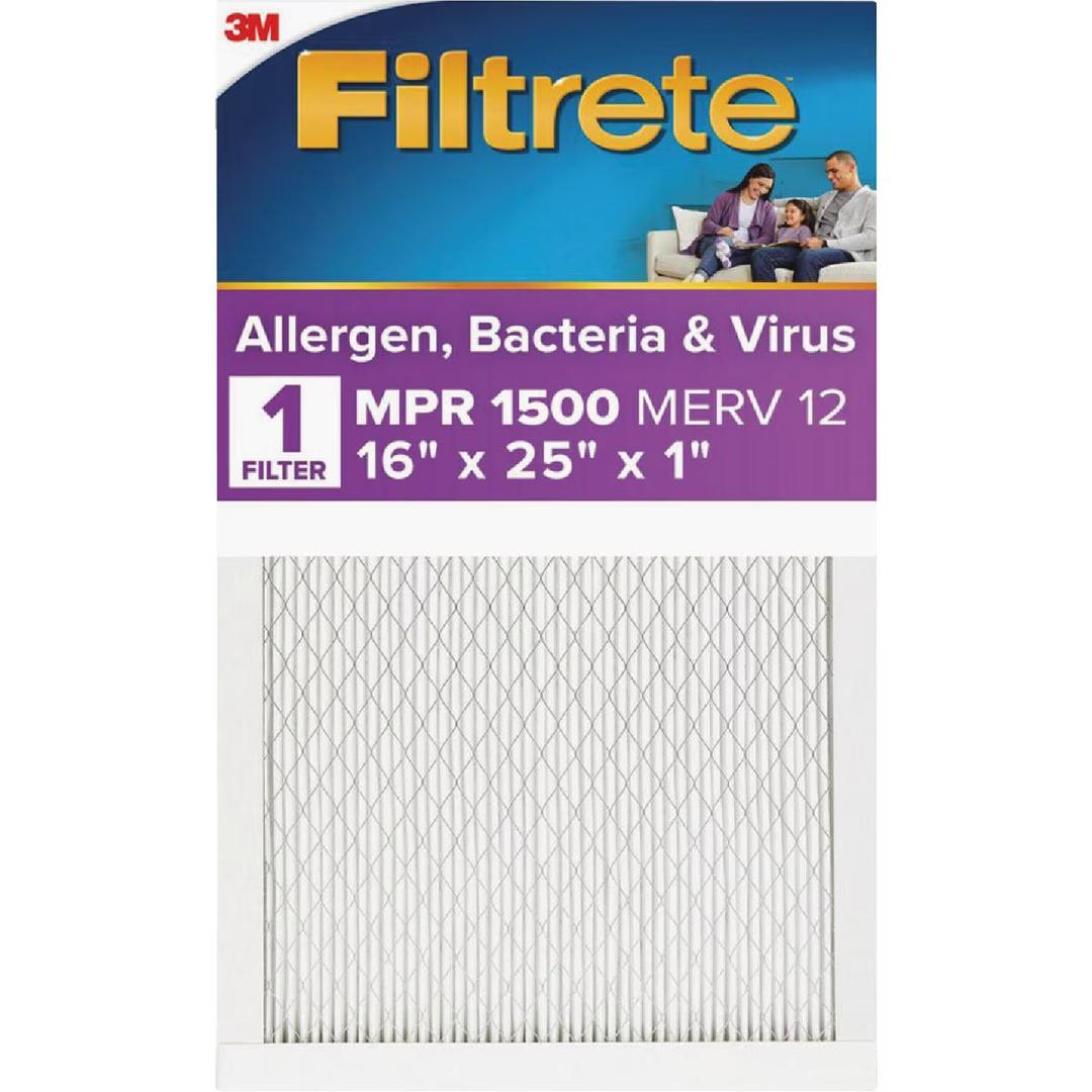 Filtrete 16x25x1 AC Furnace Air Filter, MERV 12, MPR 1500, CERTIFIED asthma & allergy friendly, 3 Month Pleated 1-Inch Electrostatic Air Cleaning Filter, 2-Pack Actual Size 15.69 x 24.69 x 0.78 in