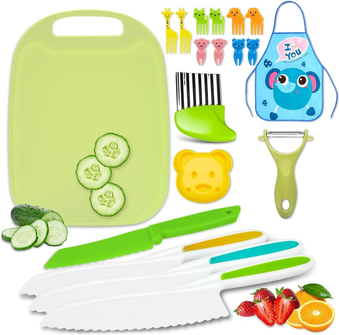 19 Pcs Kids Cooking Sets , Montessori Kitchen Tools for Toddlers, Safe Knife Set for Real Cooking ,Vegetable Crinkle Cutters Serrated Edges Plastic Toddler Knifes , Toddler Toys Set for Real Cooking