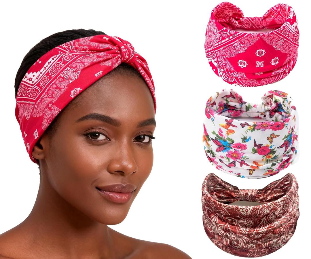 XEF Headbands for Women Bohemian Wide Floral Thick Hair Band No Slip Gym Elastic Twist Knot Athletic Headband Sweatbands Fashion Hair Accessories for Teen Girls