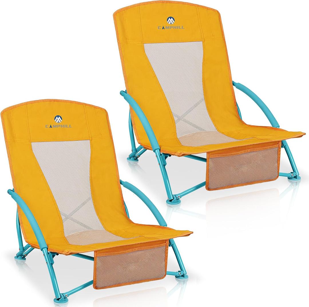 Low Beach Chairs 2 Pack,Folding Compact Low Seat Chairs for Adults w/Mesh Back & Storage Bag,Heavy Duty Chair for Outdoor Sand,Travel,Camping,Picnic,Yellow, 18.83 inches x 22.83 inches x 24.8 inches