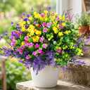 Hananona 12 Pcs Artificial Flowers Outdoor, Faux Artificial Plants UV Resistant Plastic Flower Bulk for Hanging Planter Porch Window Home Wedding Fall Summer Decor (12, Fuchsia, Purple, Yellow, Green)