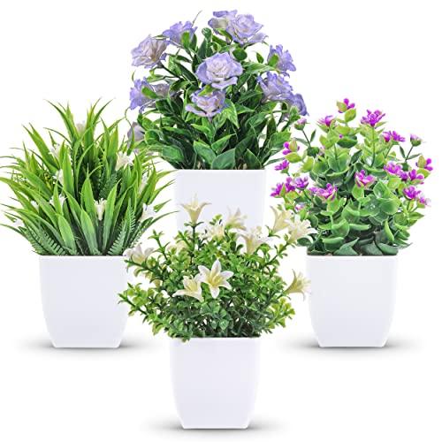 Der Rose 4 Pack Small Fake Plants Mini Artificial Faux Plants Indoor with Flowers Spring Decorations for Home Room Farmhouse Desk House Bathroom Decor