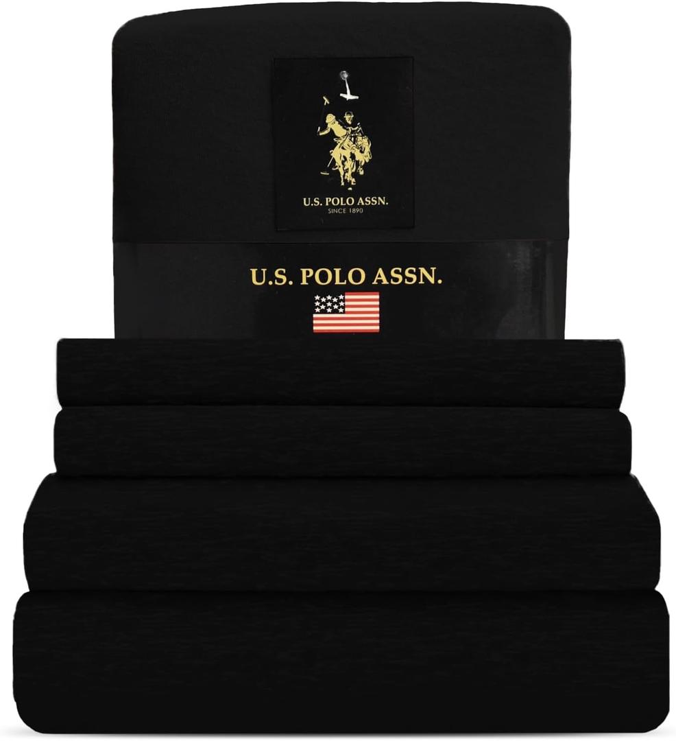 U.S. Polo Assn. Soft Jersey Knit Bed Sheet Set, Cotton-Rich, All-Season Comfort, Hotel Quality (Black)