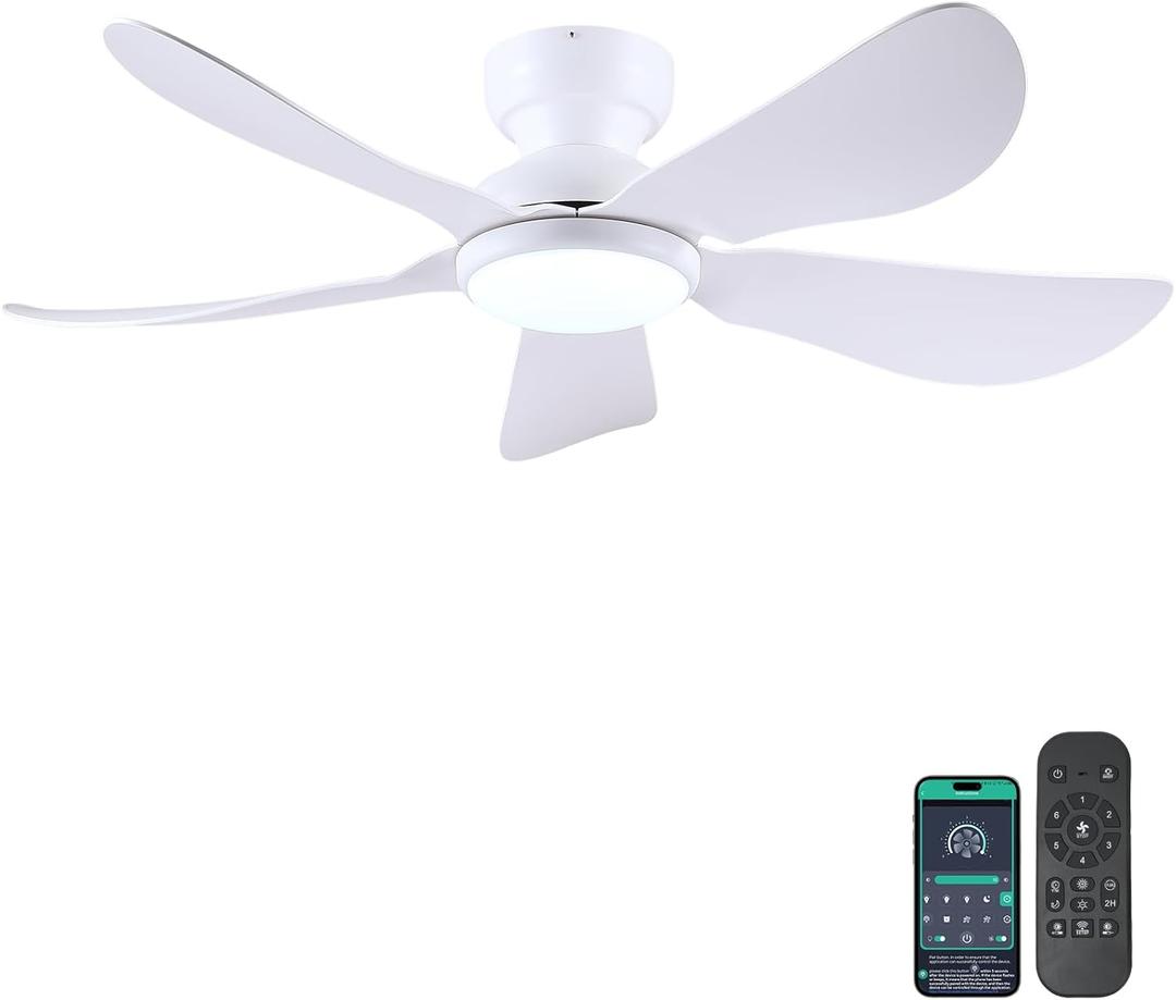 46 Inch Modern Ceiling Fans with Lights, Flush Mount Ceiling Fan with Light and Remote/APP Control, 5 Reversible 6 Speeds Curved Blades, 3 CCT Dimmable Lights for Bedroom, White