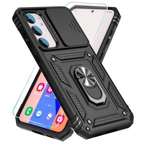 SunStory Compatible with Samsung Galaxy S23 FE 5G Case with HD Screen Protector & Slide Camera Cover & Rotated Ring Kickstand, [Military-Grade] Phone Case,Black