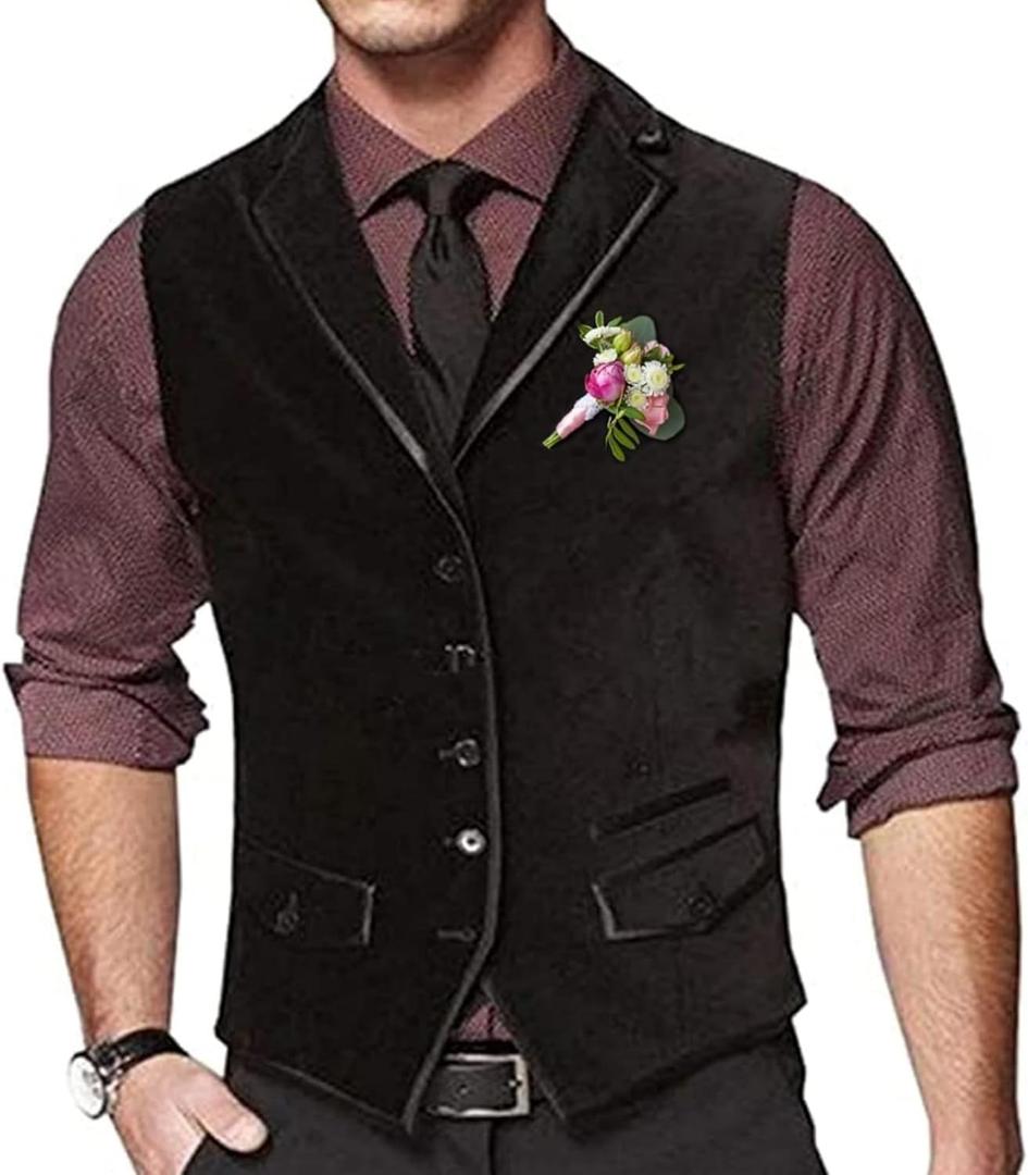 Retro Black Mens Vest Velvet Wedding Waistcoat Notched Lapel Business Suit Vest Slim Fit Formal Dress Vests Prom Vest (Medium)