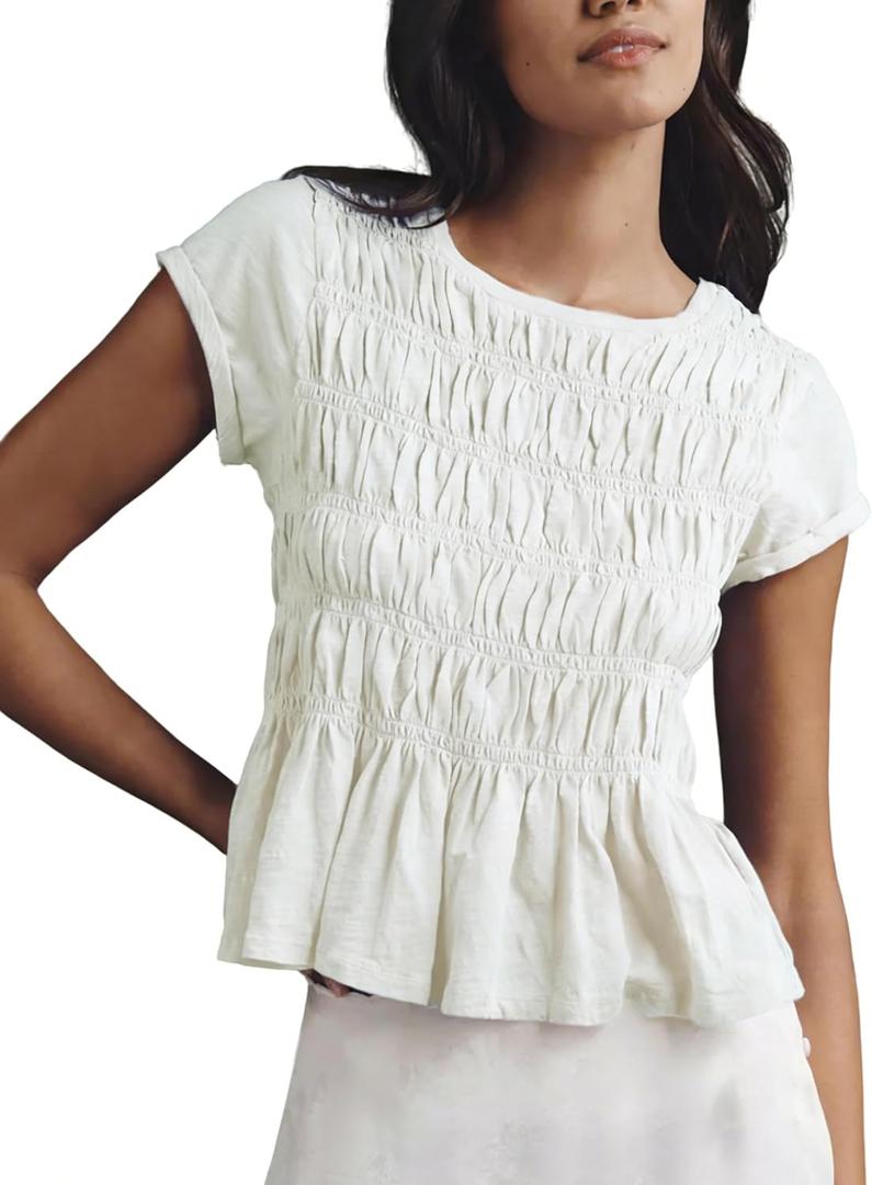 Shiyifa Womens Peplum Babydoll Tops Smocked Ruched Crew Neck Cap Sleeve Tee(White-L)