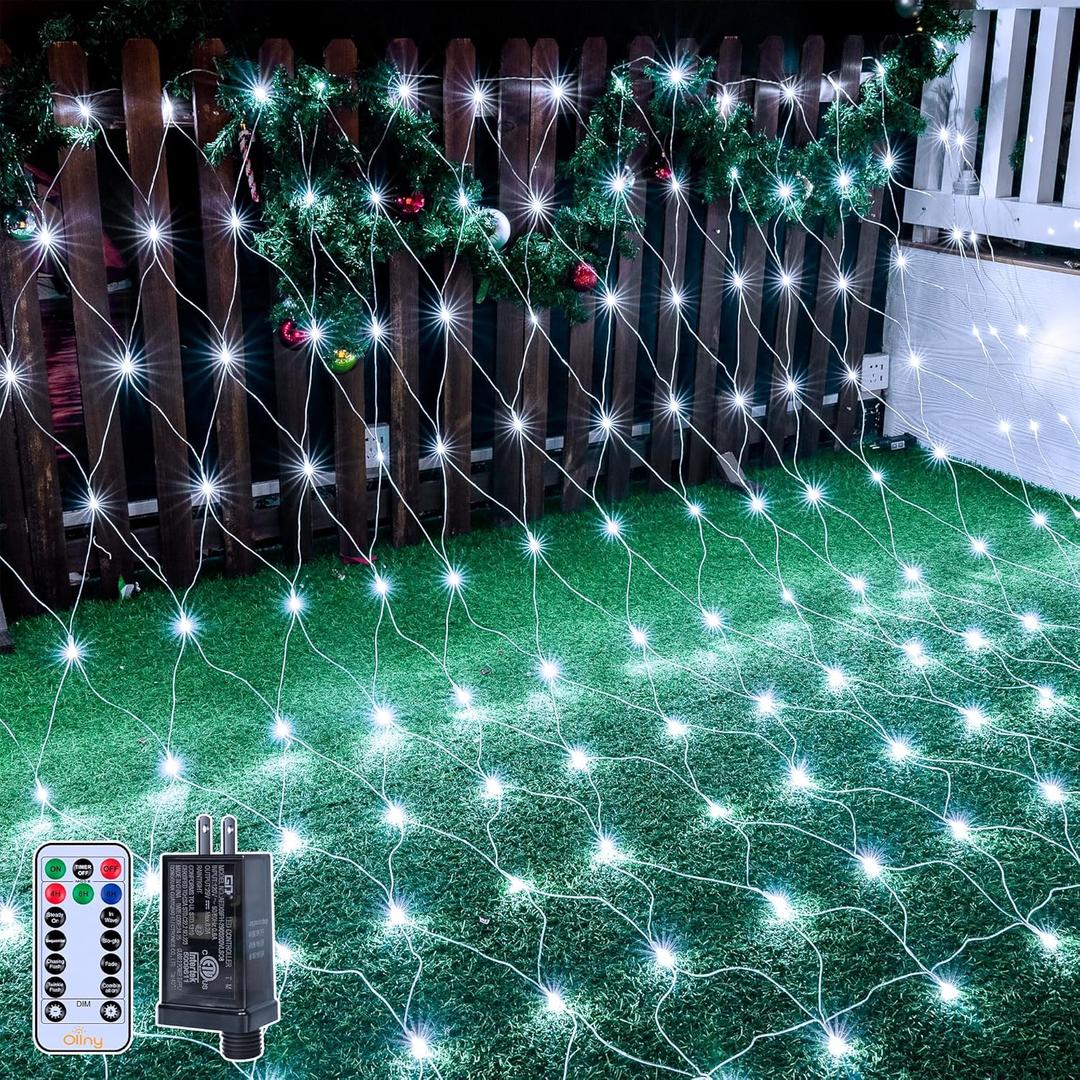 Ollny Net Lights Outdoor Mesh Lights IP67 Waterproof, 210LED 10x7ft Cool White Christmas Net Lights, Connectable Remote 8 Modes Tree Light for Bushes Shrubs Lawn Indoor Decorations