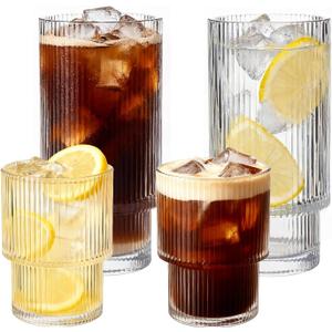 Ribbed Drinking Glasses Set of 4, Stackable Cute Kitchen Glasses Cups 16oz and 7oz Iced Coffee Glasses cocktail Glass cup for Water, Beverage, Whiskey