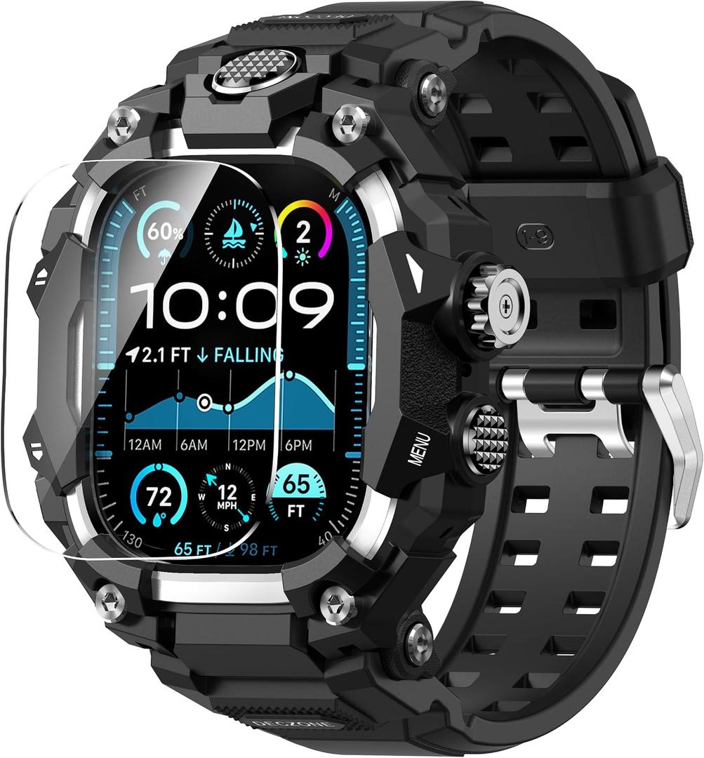 Band with Rugged Case Compatible with Apple Watch Bands 49mm (Ultra 3/2/1), Sport iwatch Bands Protective Bumper Cover for Men (49mm Silver)