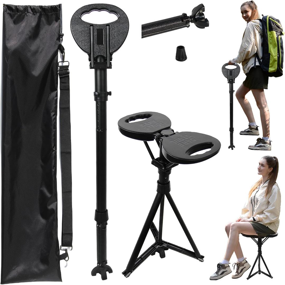 Adjustable Cane with Seat Folding Lightweight, Portable Cane Chair for Adults & Seniors, Walking Stick with Seat for Travel Hiking, with Cushion Carry Bag, Adjustable - Large