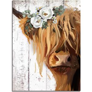 Highland Cow Art and Farmhouse Wall Decor - Country Canvas Printing Rustic Bedroom Decor Retro Yak Wall Art Home Artwork Print Used in Bathroom Office Bedroom Kitchen Dining Room Decorate (36L" x 24W")