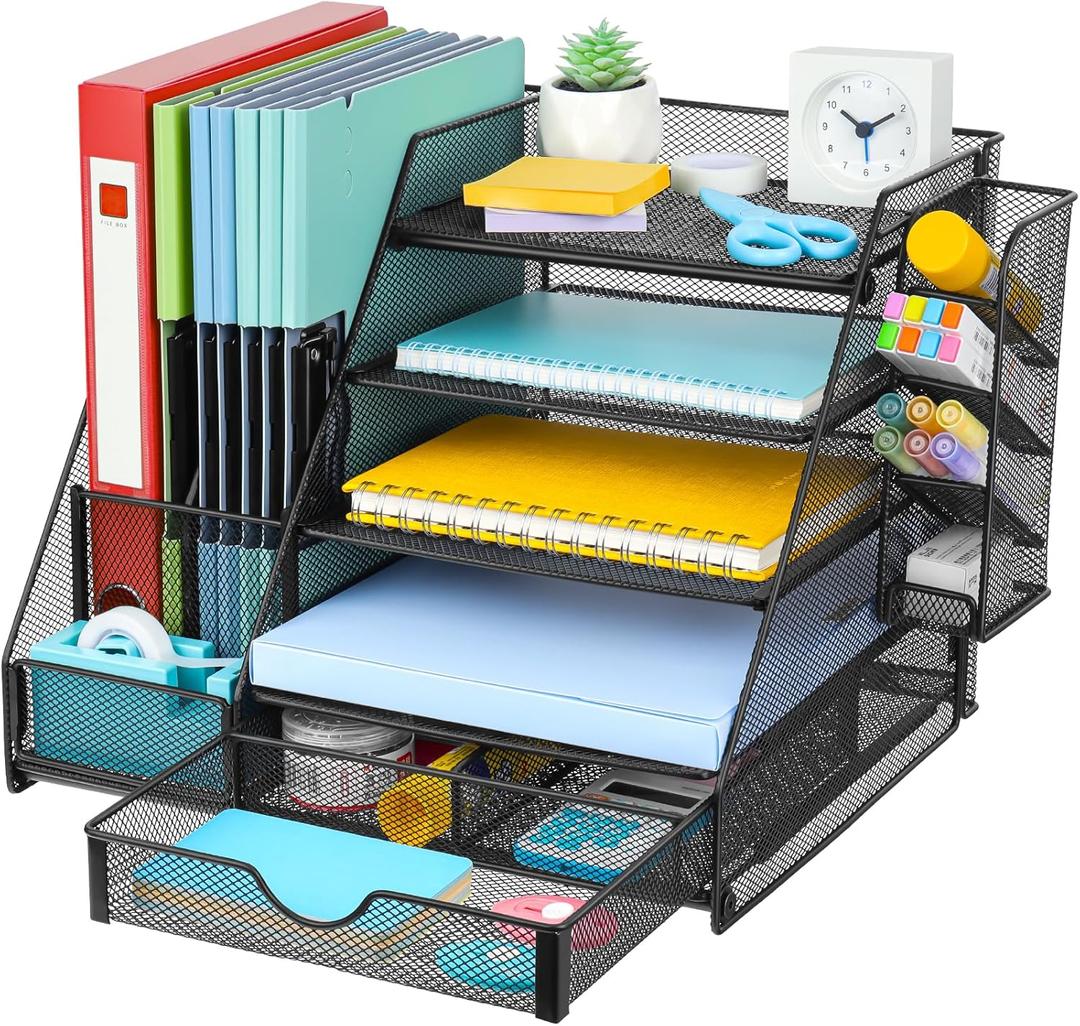 GALASALA Mesh Desk Organizer, 5 Tier Paper Letter Tray with Extra Vertical File Sorter, Sliding Drawer and Pen Holders for Desk Accessories Office Supplies, Black