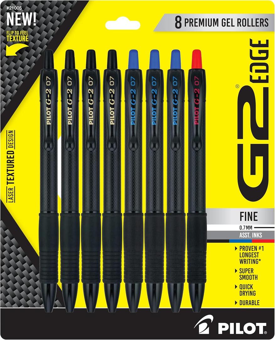 PILOT, G2 Edge Black, Blue and Red, Premium Gel Roller Pens, Sensory Writing Experience, 8ct box, Fine Point 0.7 mm (Assorted)