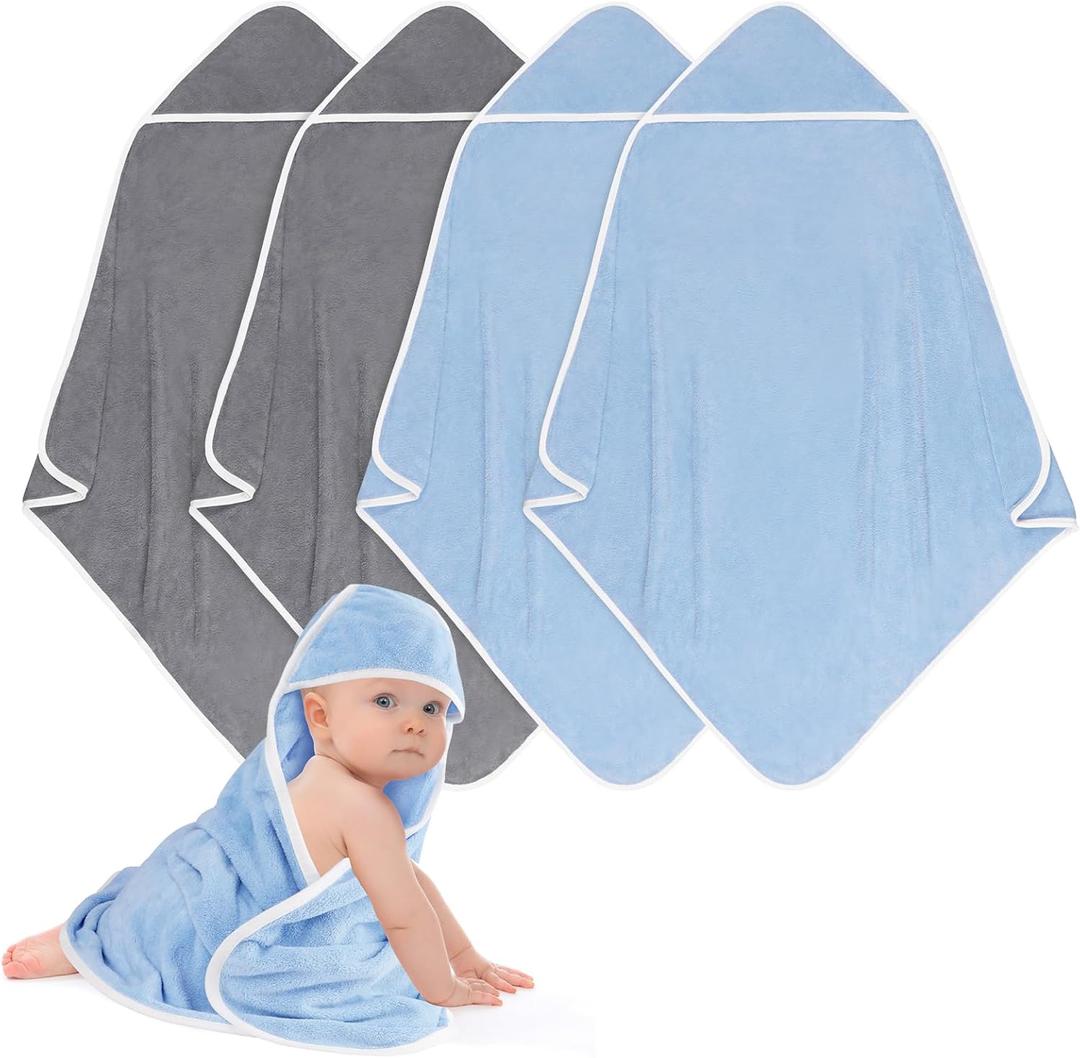 UNIMADE Hooded Towel for Newborn, 4 Pack Soft Coral Fleece Baby Towels, Ultra Absorbent Bath Cloths Bulk for Infants, Toddlers, Newborn Essential- 30 x 30 inch - Grey & Blue