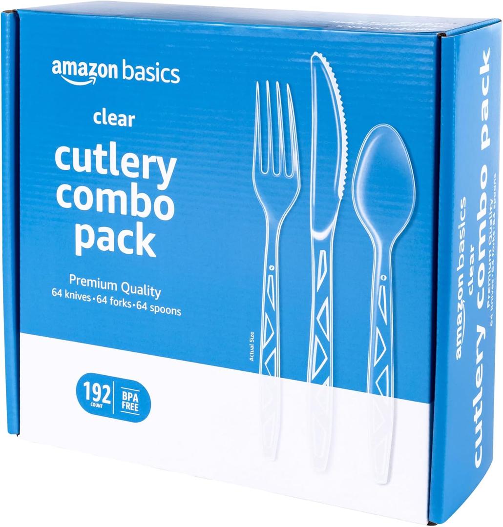 Amazon Basics Disposable Clear Assorted Cutlery Set, Premium Quality, 192 Count, Large Combo Pack Forks, Spoon, and Knives