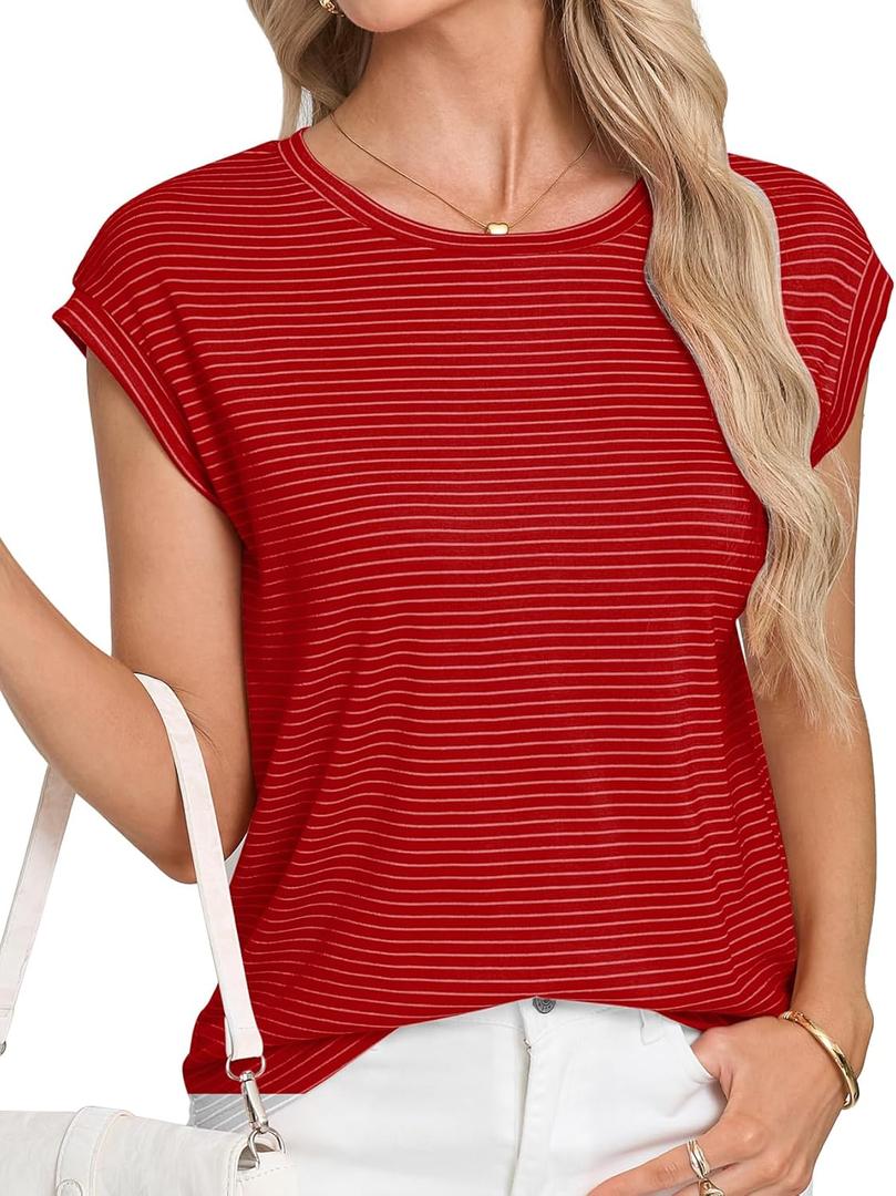 LA BAISEO Womens Casual Cap Short Sleeve Striped Tops Summer Open Back T-Shirts Crew Neck Basic Shirts (Red, XXL)