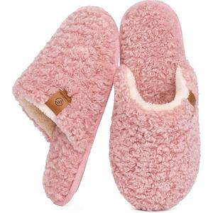 EverFoams Women's Fuzzy Slip-on Slippers Warm Cozy Soft Lightweight Memory Foam Indoor House Shoes
 (9-10, Pink)