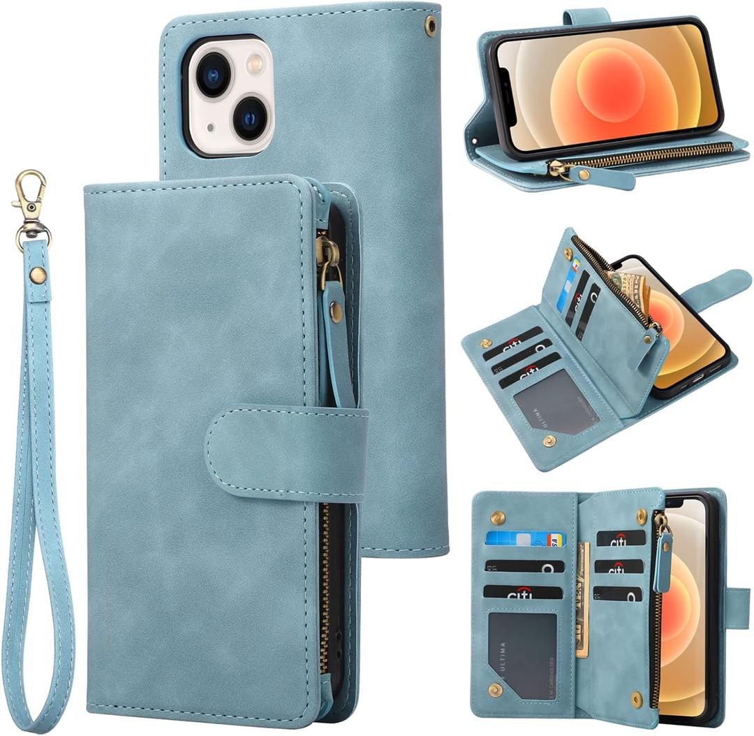 RANYOK Wallet Case Compatible with iPhone 13 Mini (5.4 inch), Premium PU Leather Zipper Flip Folio Wallet RFID Blocking with Wrist Strap Kickstand Protective Case (Baby Blue)
