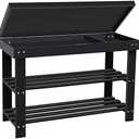 BAMBUROBA Shoe Rack Bench for Entryway, 3-Tier Bamboo Small Bench with Storage Drawer, Shoe Shelf Organizer Indoor Outdoor Use, Black