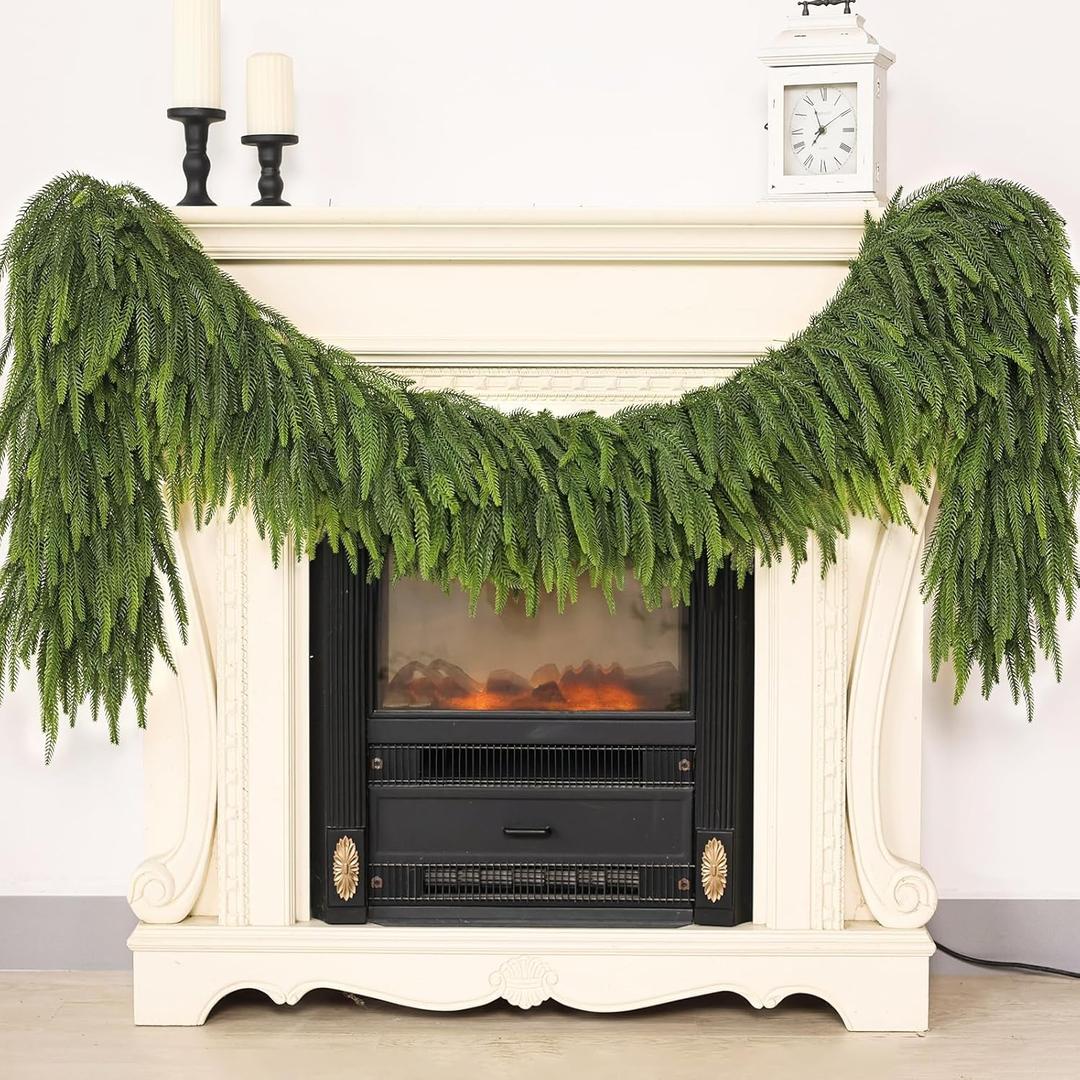 9FT Christmas Norfolk Pine Garland -2PCS, Artificial Pine Needles Garlands Faux Greenery Fake Garland for Holiday Fireplace, Table, Window, Stairs, Mante, Indoor Outdoor Decor