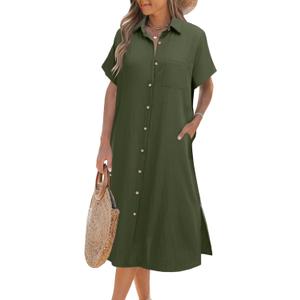 Zeagoo Womens Dress Summer Casual Short Sleeve Button Down Shirt Dresses Beach Cover Up with Pockets (Medium, A02-army Green)