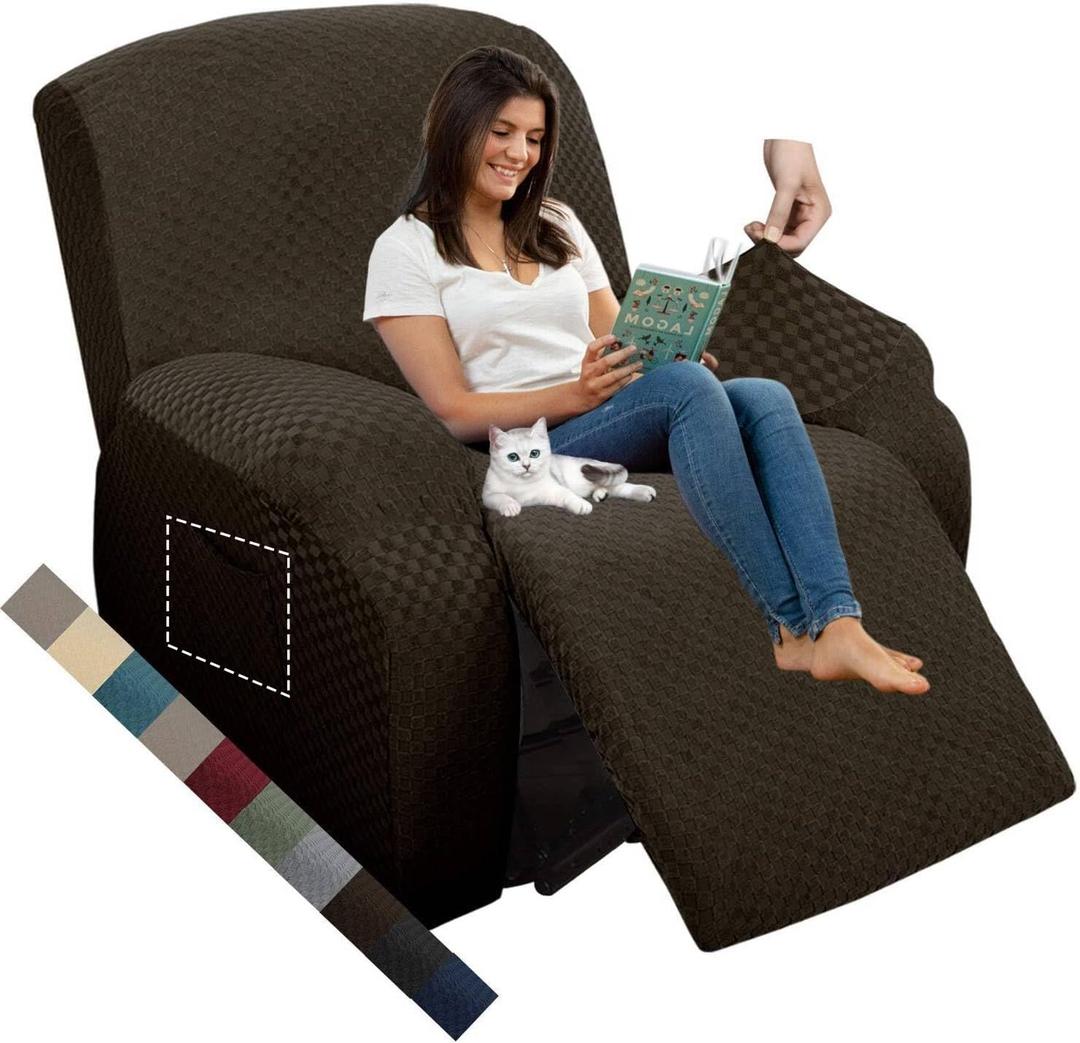 MAXIJIN Oversized Recliner Covers That Stay in Place 4 Pieces Stretch Large Recliner Chair Covers Jacquard Dogs Cats Proof Reclining Slipcovers with Elastic Bottom (XL Recliner, Dark Coffee)
