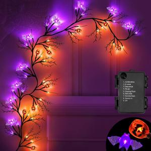 6 Ft 54 LED Halloween Willow Vine Twig Decor Garland with 8 Modes Timer 9 Pumpkins 9 Bats Waterproof Battery Operated Scary Halloween Decorations for Home Wall Mantle Fireplace Decor