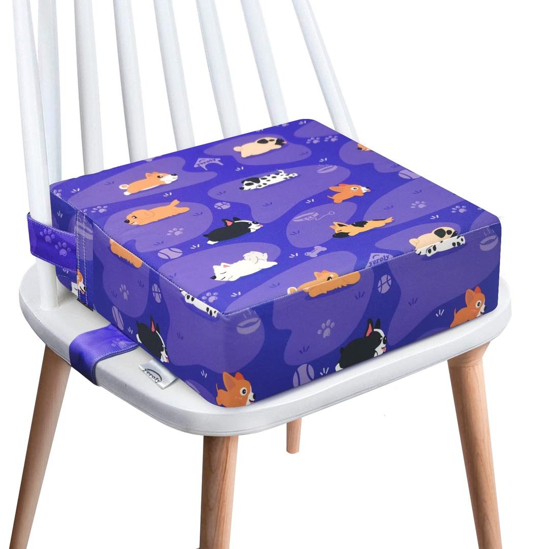 Toddler Booster Seat for Dining Table,4 Inches Washable Double Safer Straps Non-Slip Bottom Booster Seat Dining for kids, Portable Travel High Density Sponge Detachable Increasing Cushion for Child. (Purple-Dog)