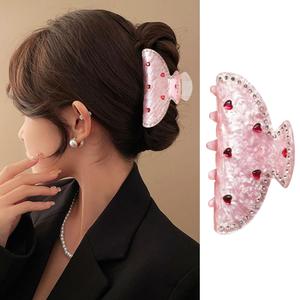 1 Pack Valentine's Day Hair Claw Clips Pink Hair Clips with Red Heart Rhinestone Valentines Hair Accessories Fashion Strong Hold Hair Claw Clips Crystal Diamond Unique Design Claw Clips for Women Girl