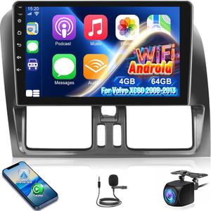 4+64G for Volvo XC60 2008-2013 Android Car Stereo with Wireless Carplay and Android Auto - 9 Inch HD Touchscreen Radio with 32EQ DSP/5GHz WiFi/GPS/SWC/Mirror Link + AHD Rear View Camera
