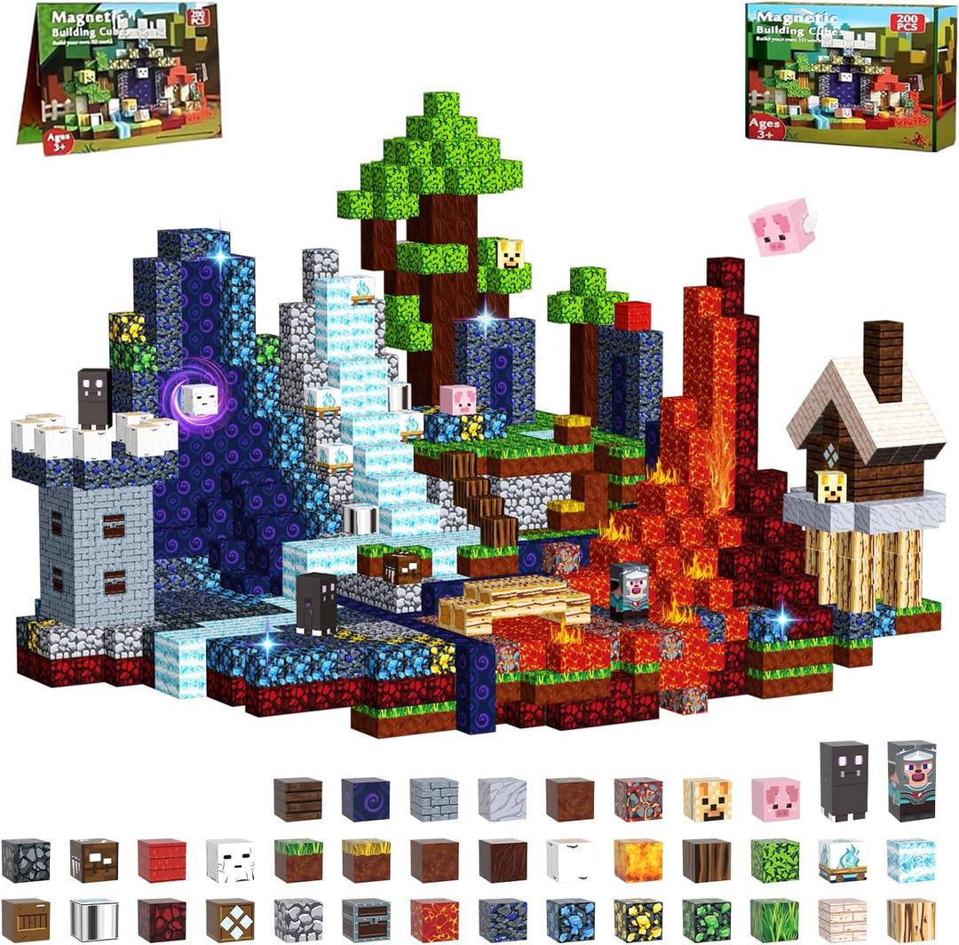 Magnetic Blocks 200 PCS, Magnetic Building Blocks, Magnet Blocks, Stacking Magnetic Cubes, Sensory School STEM Toys Birthday Gifts for Kids Age 3+ Years Old