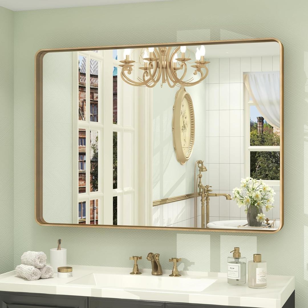 44x30 Gold Framed Mirror for Bathroom, Brushed Gold Brass Bathroom Mirror, Rectangle Gold Bathroom Vanity Mirror for Wall, Shatterproof, Anti-Rust, Hangs Horizontally or Vertically