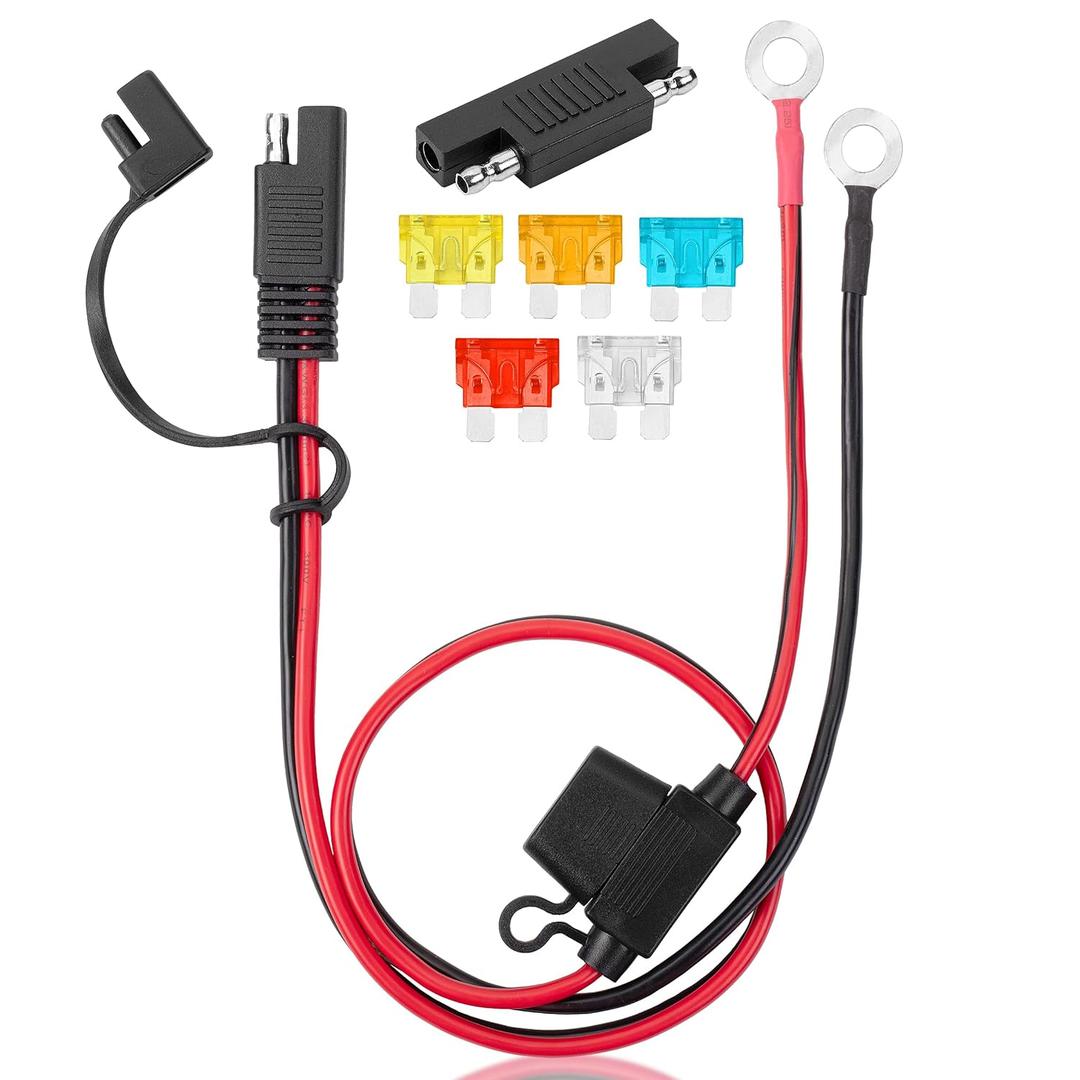 Bates- SAE Battery Connector, 2 FT, 12 AWG, SAE to O-Ring Harness with 5A-25A Protection Fuses & Polarity Reverse Adapter, 2-Pin Connector for Chargers, Maintainers, Solar Panels & Motorcycles