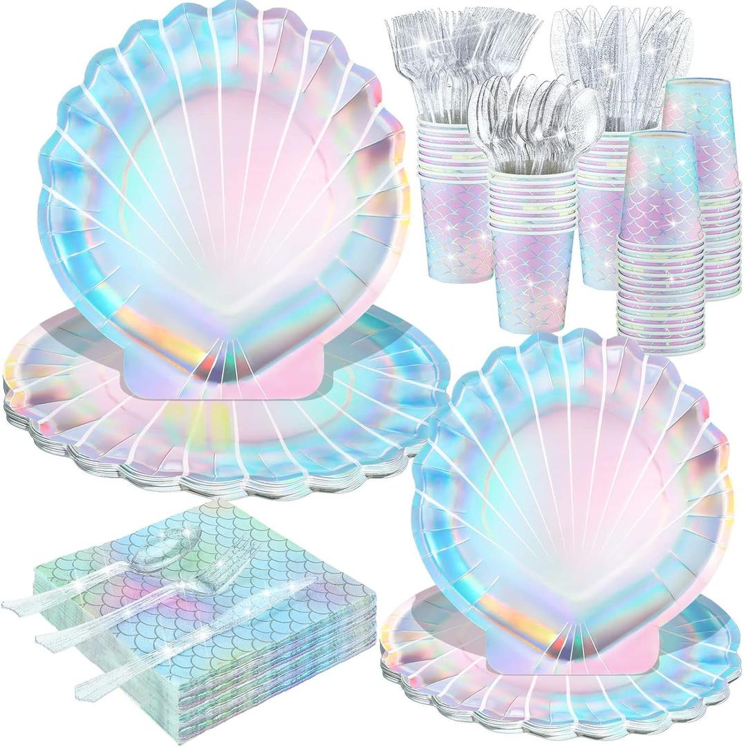 144 Pcs Mermaid Themed Party Supplies Party Decorations Under the Sea Party Tableware Includes Clam Plates Napkins Cups Plastic Spoons Fork Knives for Baby Shower Birthday (7, 9 Inch)